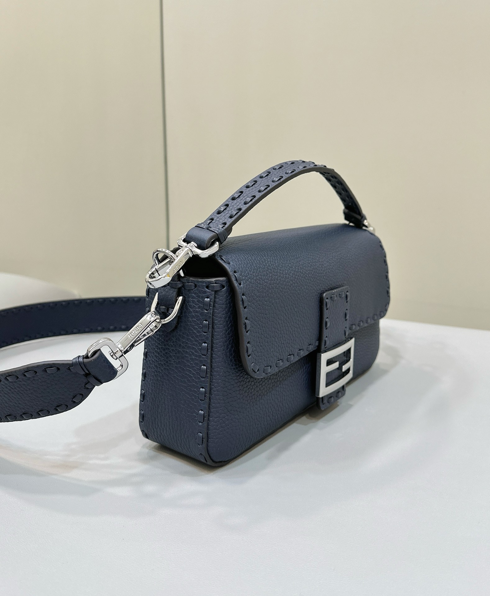 Bagsaaa F**di Baguette Dark Blue Selleria bag with oversize topstitching
