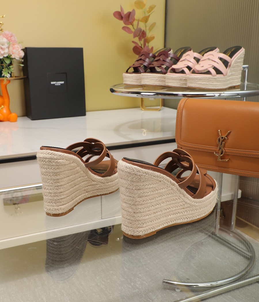 Bagsaaa Y51 Brown Tribute Leather Espadrille Wedge Sandals