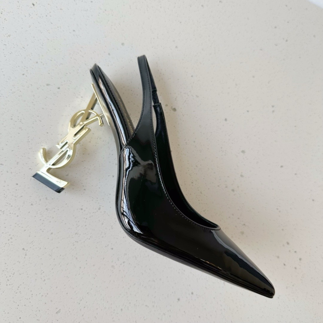 Bagsaaa Y51 Opyum Slingback Pumps Black Patent Leather Gold Heel