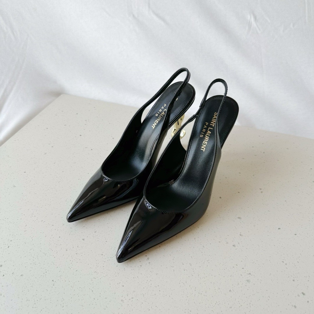 Bagsaaa Y51 Opyum Slingback Pumps Black Patent Leather Gold Heel