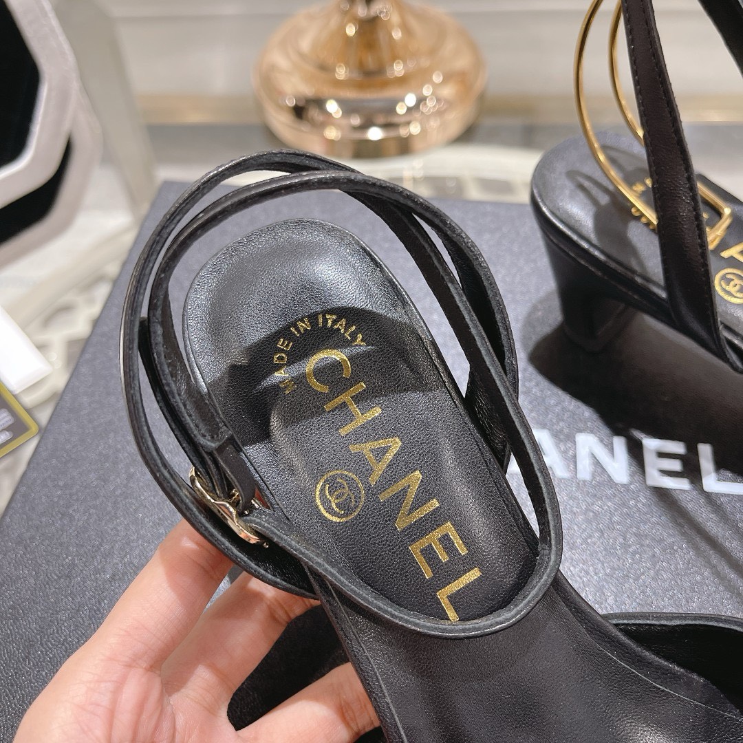 Bagsaaa Ch**el Slingback Heeled Sandals Pointed Black