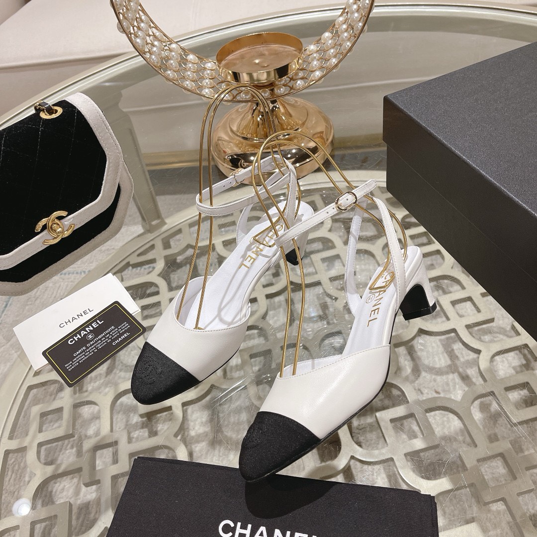 Bagsaaa Ch**el Slingback Heeled Sandals Pointed White 