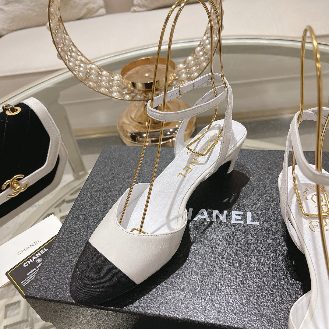Bagsaaa Ch**el Slingback Heeled Sandals Pointed White 