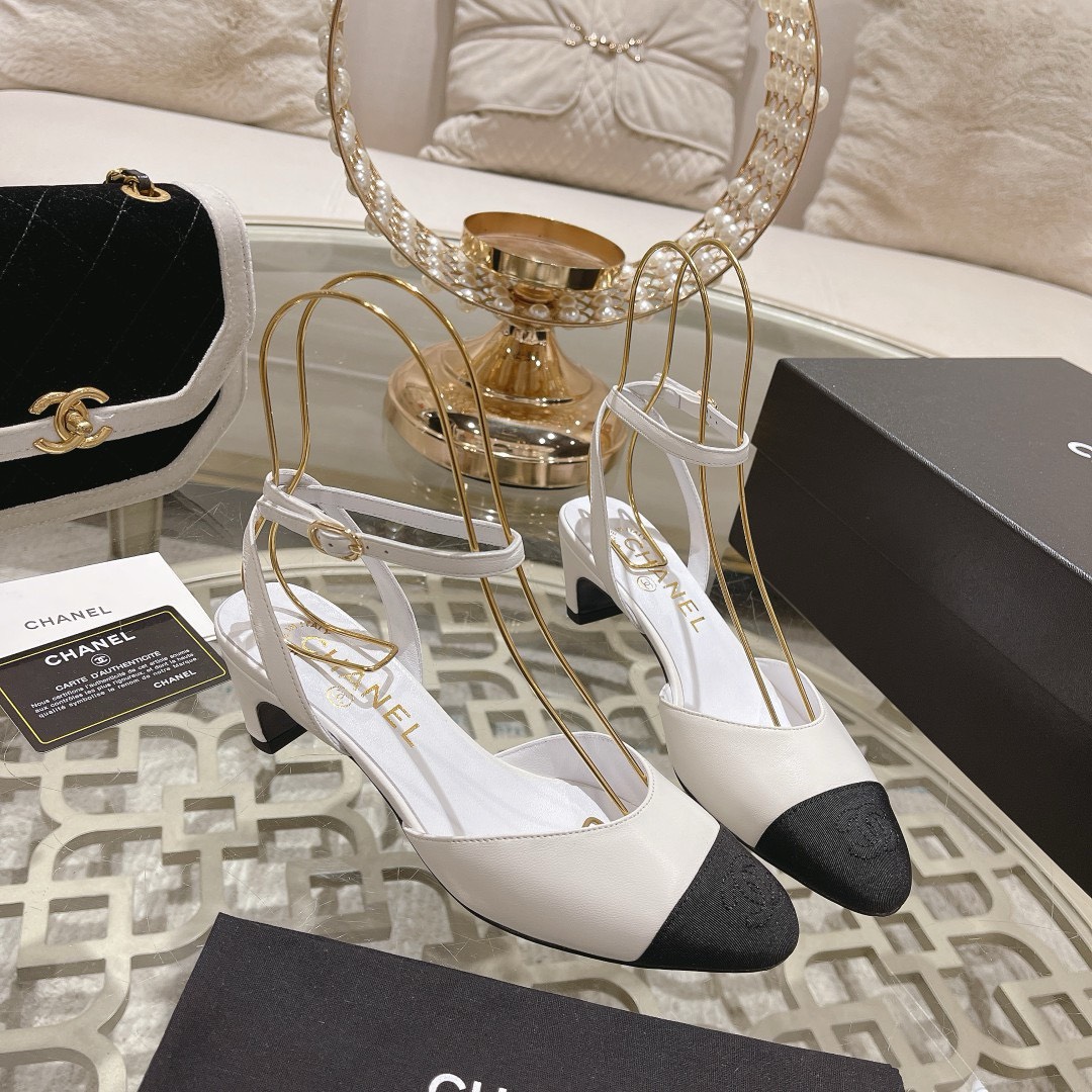 Bagsaaa Ch**el Slingback Heeled Sandals Pointed White 