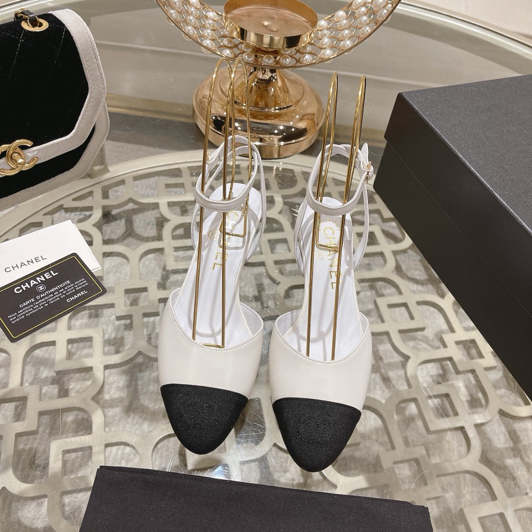 Bagsaaa Ch**el Slingback Heeled Sandals Pointed White 