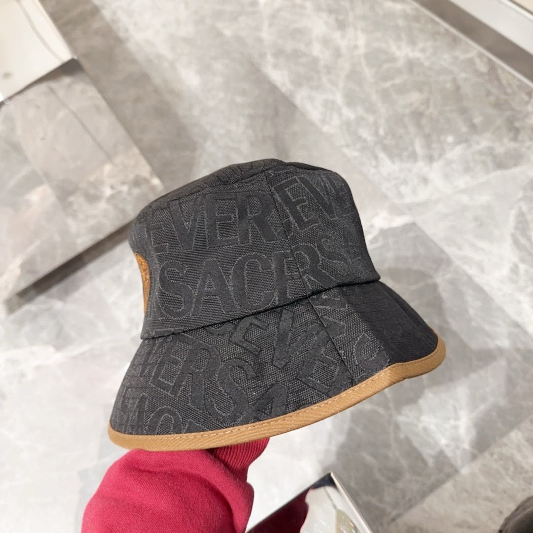 Bagsaaa Versace Allover Front Logo Black cotton bucket hat 