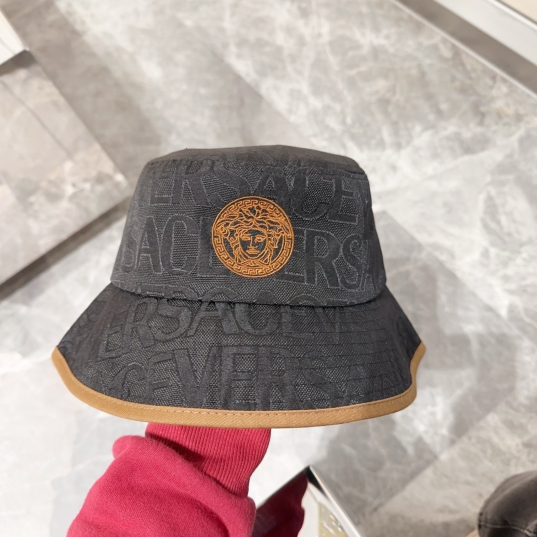 Bagsaaa Versace Allover Front Logo Black cotton bucket hat 