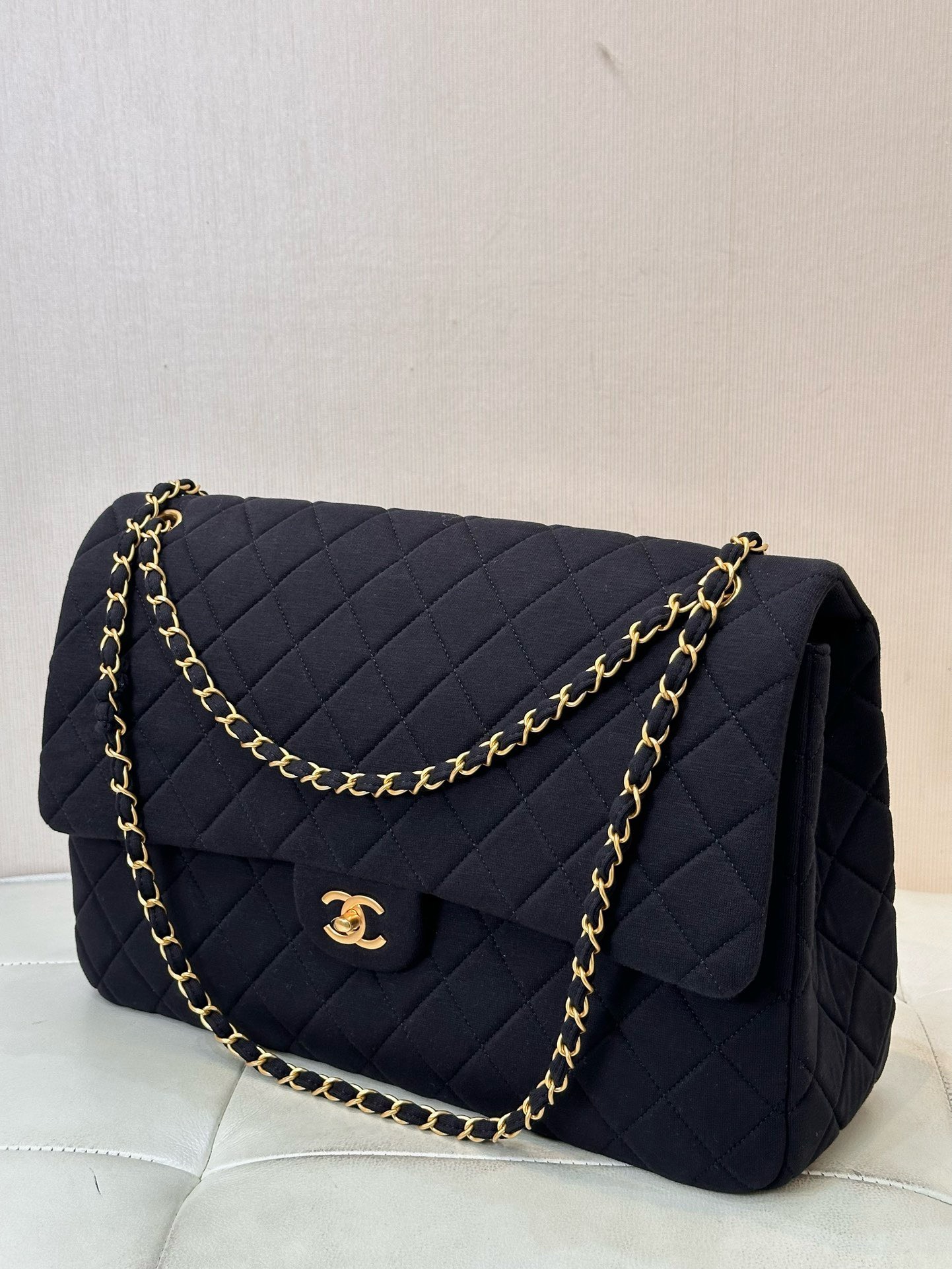 Bagsaaa Ch**el Jersey Quilted XL Jumbo Flap Black