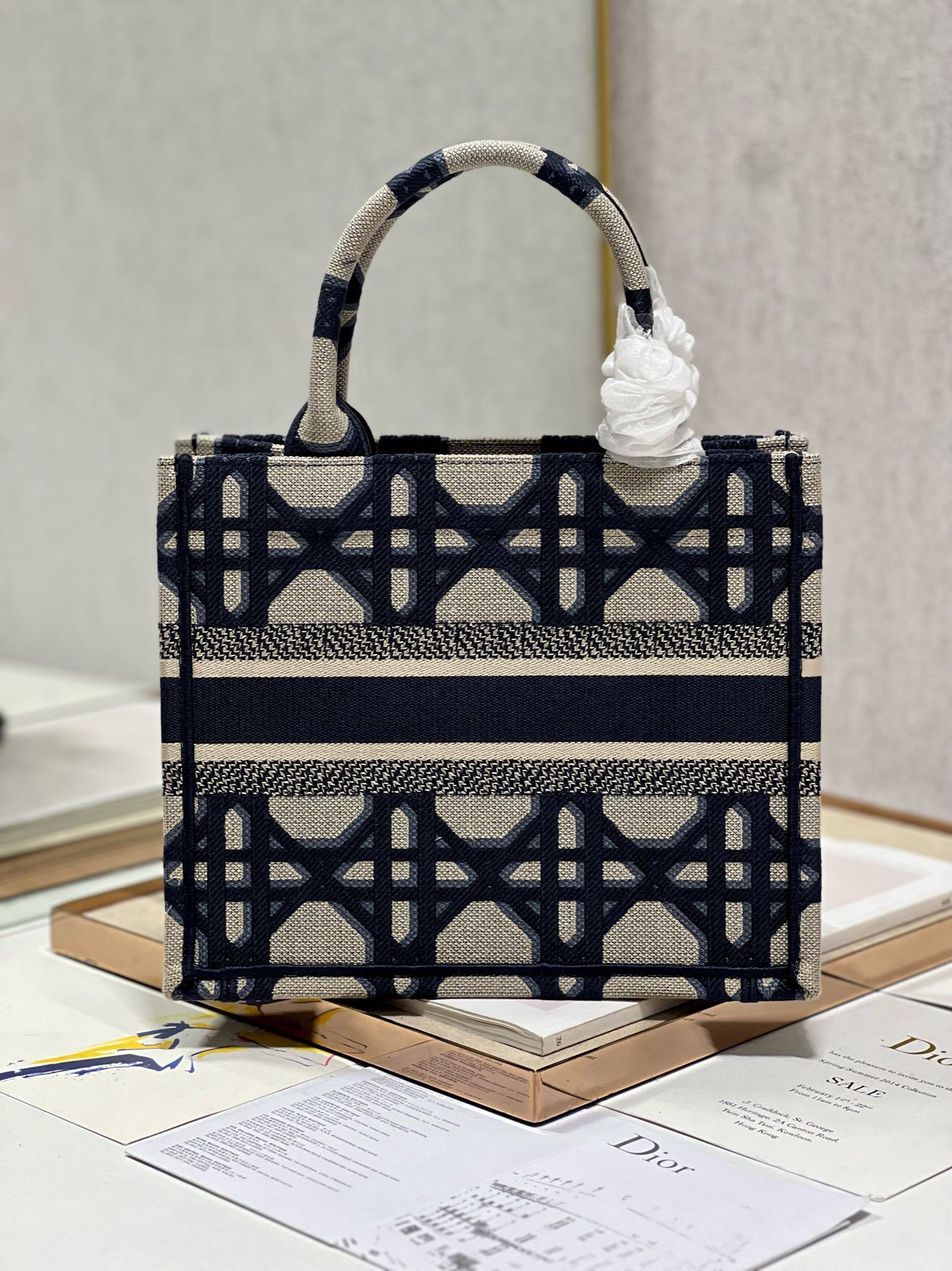 Bagsaaa D10r Small Book Tote Blue Macrocannage Embroidery 
