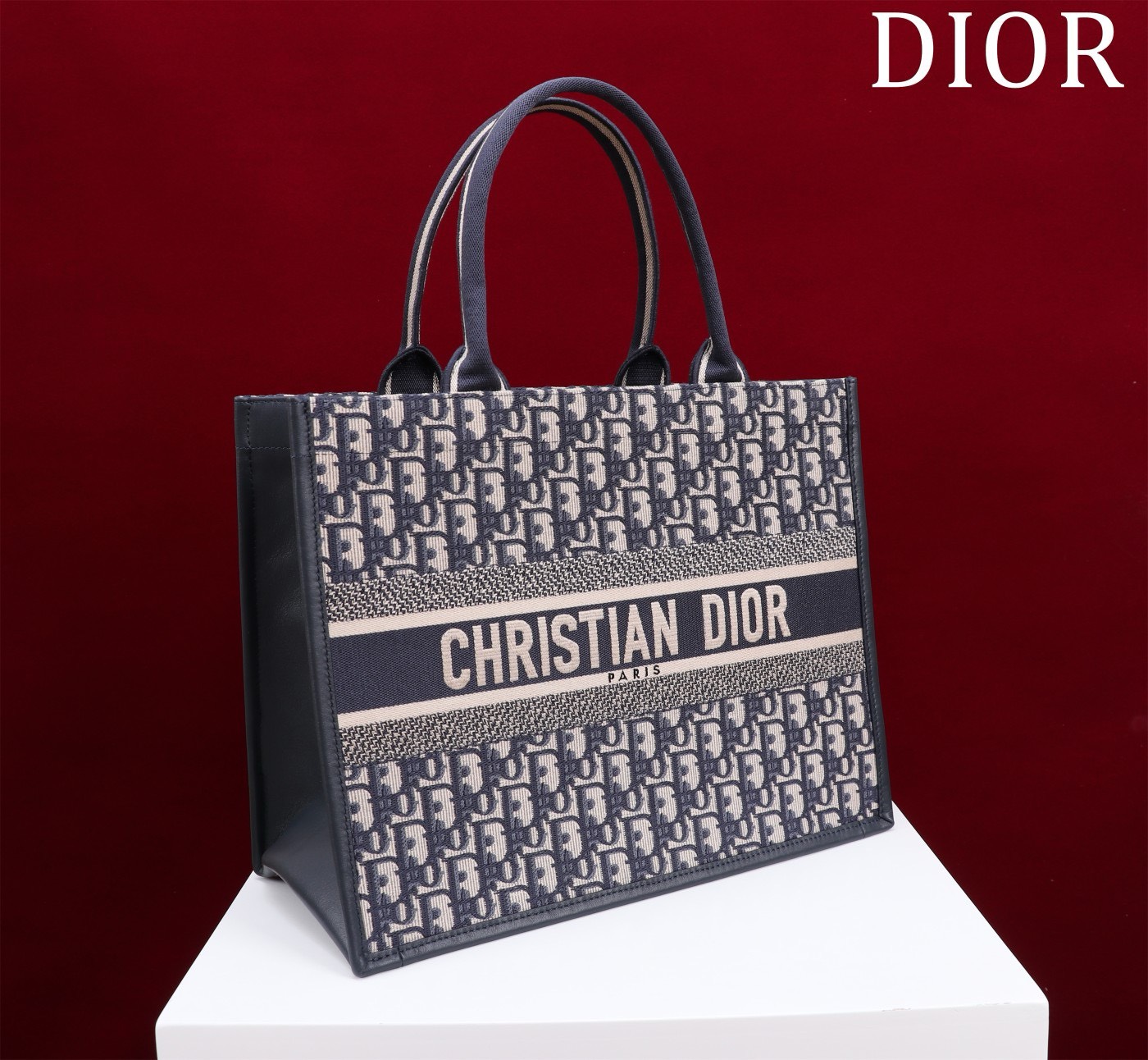 Bagsaaa D10r Medium D10r Book Tote Blue D10r Oblique Embroidery and Calfskin 