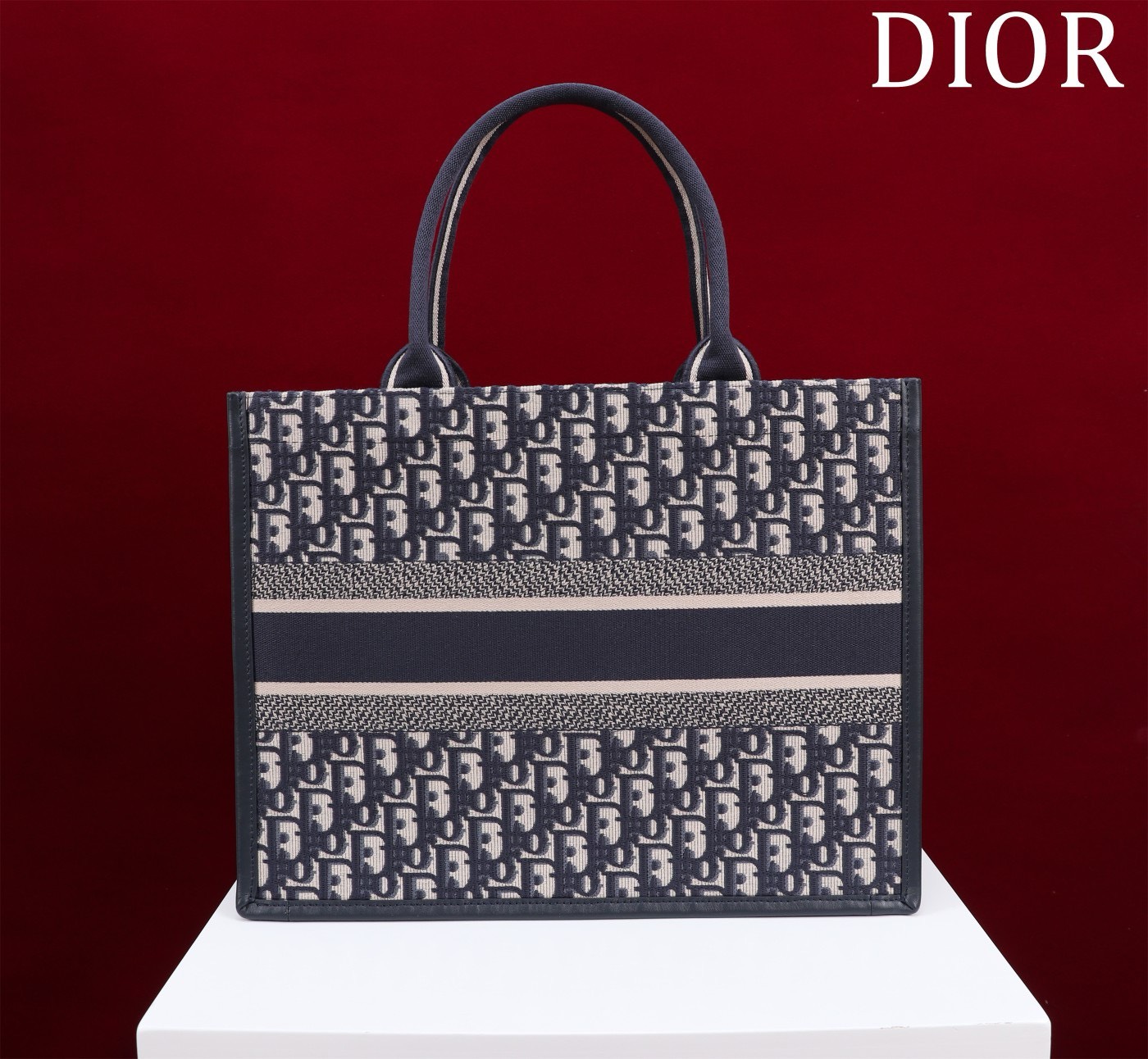 Bagsaaa D10r Medium D10r Book Tote Blue D10r Oblique Embroidery and Calfskin 