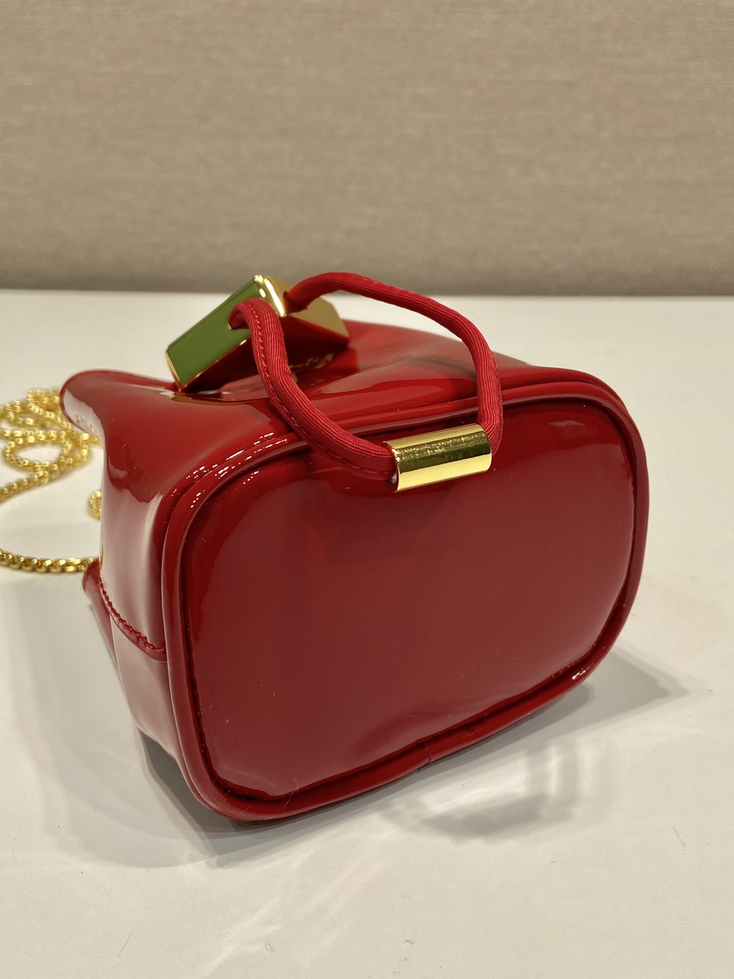 Bagsaaa Pra*a Patentm Cherry Red Leather Mini Pouch - 10*12*7cm