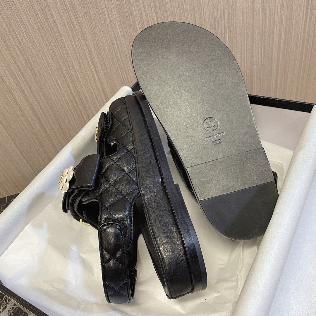 Bagsaaa Ch**el Dad Flat Sandals Black Leather With Flower