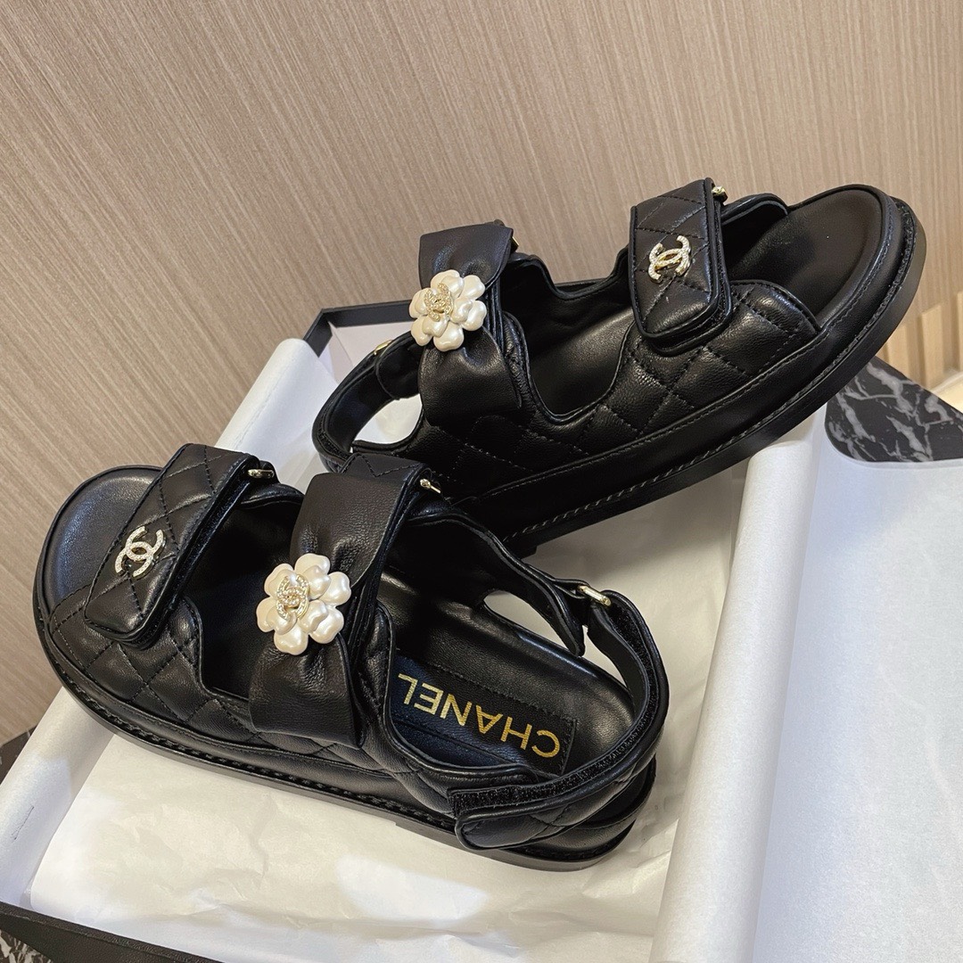 Bagsaaa Ch**el Dad Flat Sandals Black Leather With Flower