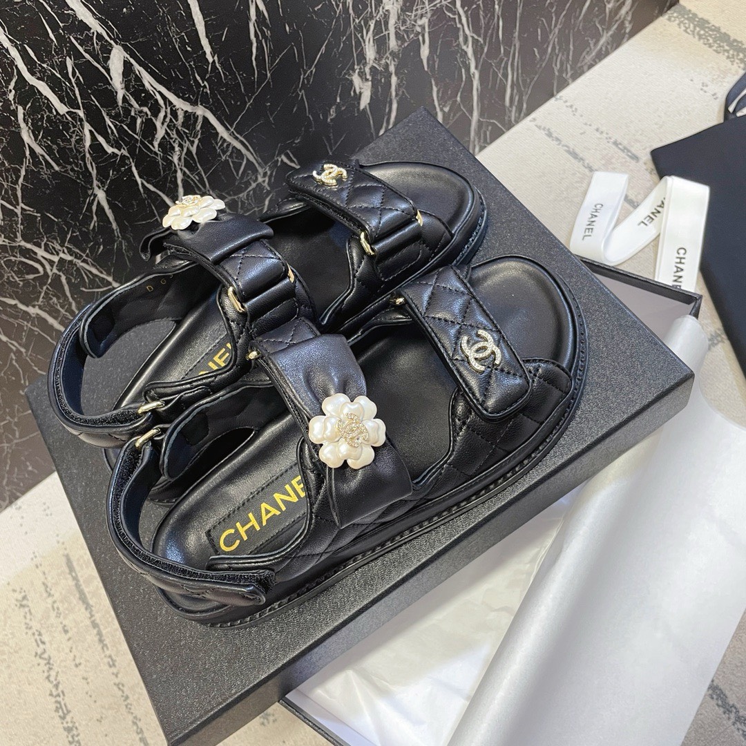 Bagsaaa Ch**el Dad Flat Sandals Black Leather With Flower