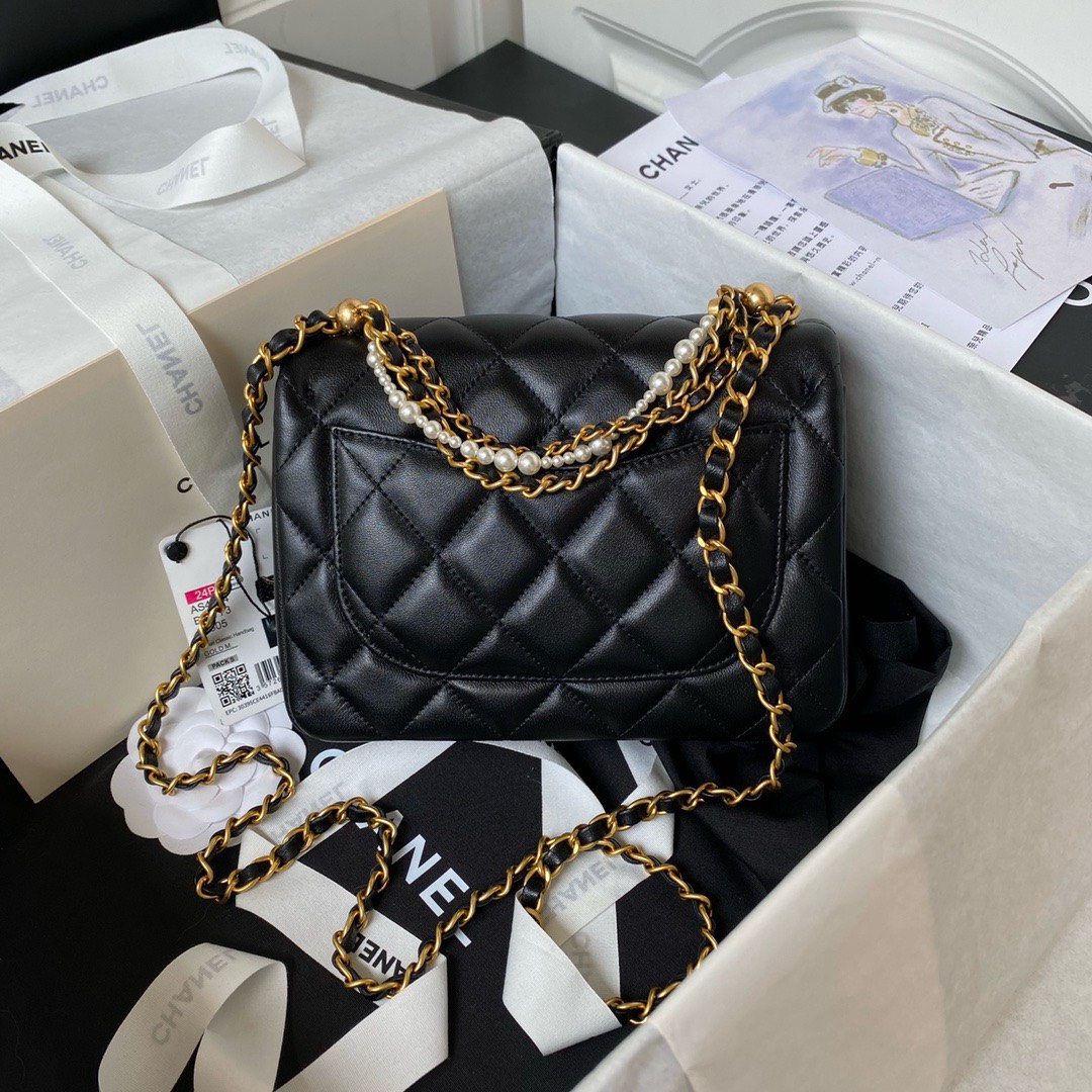 Bagsaaa Ch**el Mini Flap Bag AS4385 Black Lambskin With Pearl - 12.5 × 17 × 5 cm
