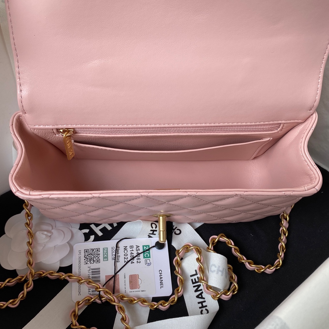 Bagsaaa Ch**el Top Handle 24C Flap Bag in Pink Lambskin - 21cm