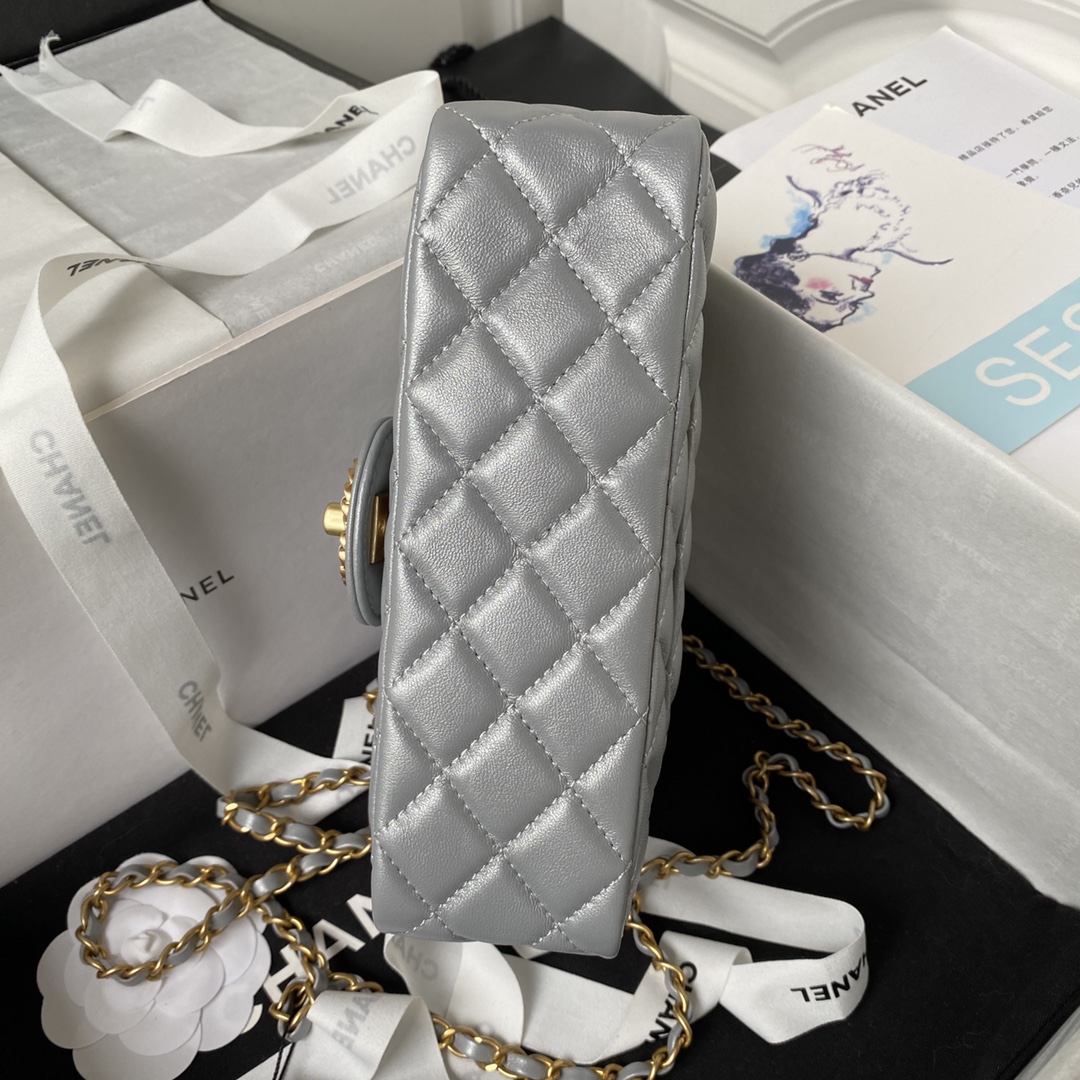 Bagsaaa Ch**el Top Handle 24C Flap Bag in Grey Lambskin - 21cm