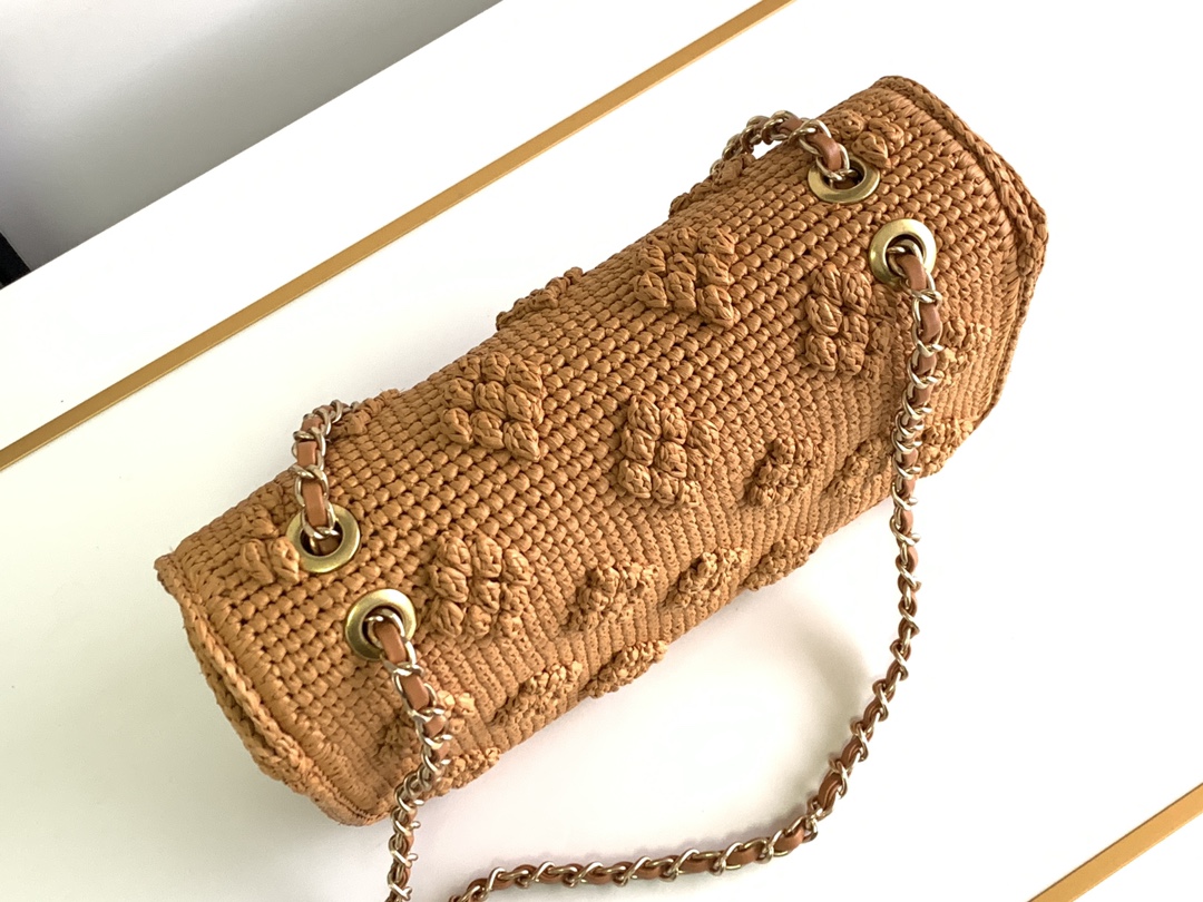 Bagsaaa Ch**el Flap Bag Raffia Effect Braided & Gold-Tone Metal Camel AS4529 - 15.5 × 25 × 6 cm