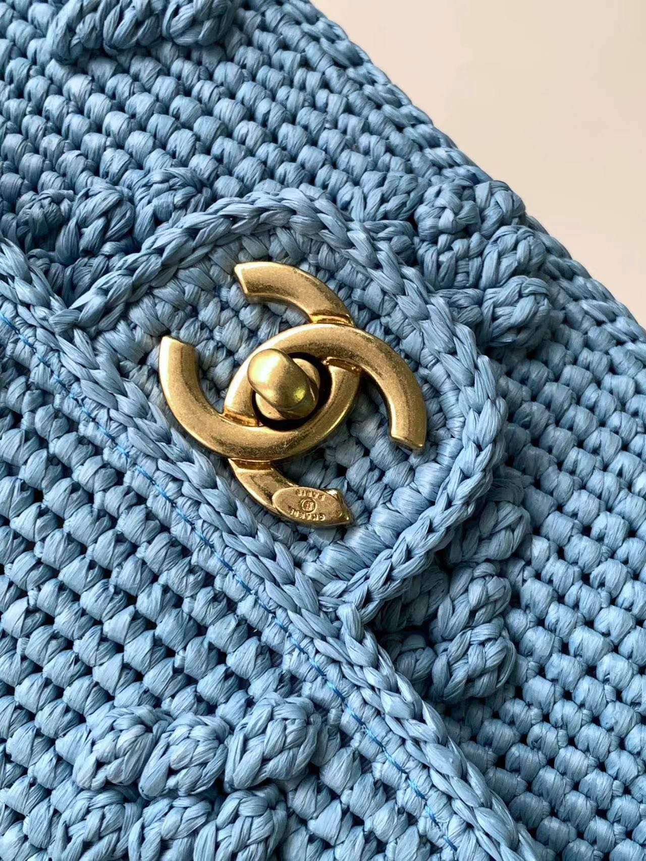 Bagsaaa Ch**el Mini Flap Bag Raffia Effect Blue AS4518 - 12.5 × 19.5 × 6.5 cm