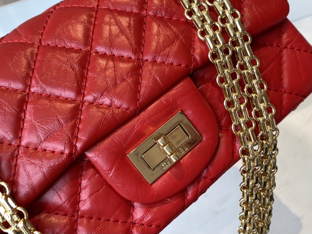 Bagsaaa Ch**el Mini 2.55 Handbag AS0874 Aged Calfskin Red - 15.5 × 20 × 6 cm