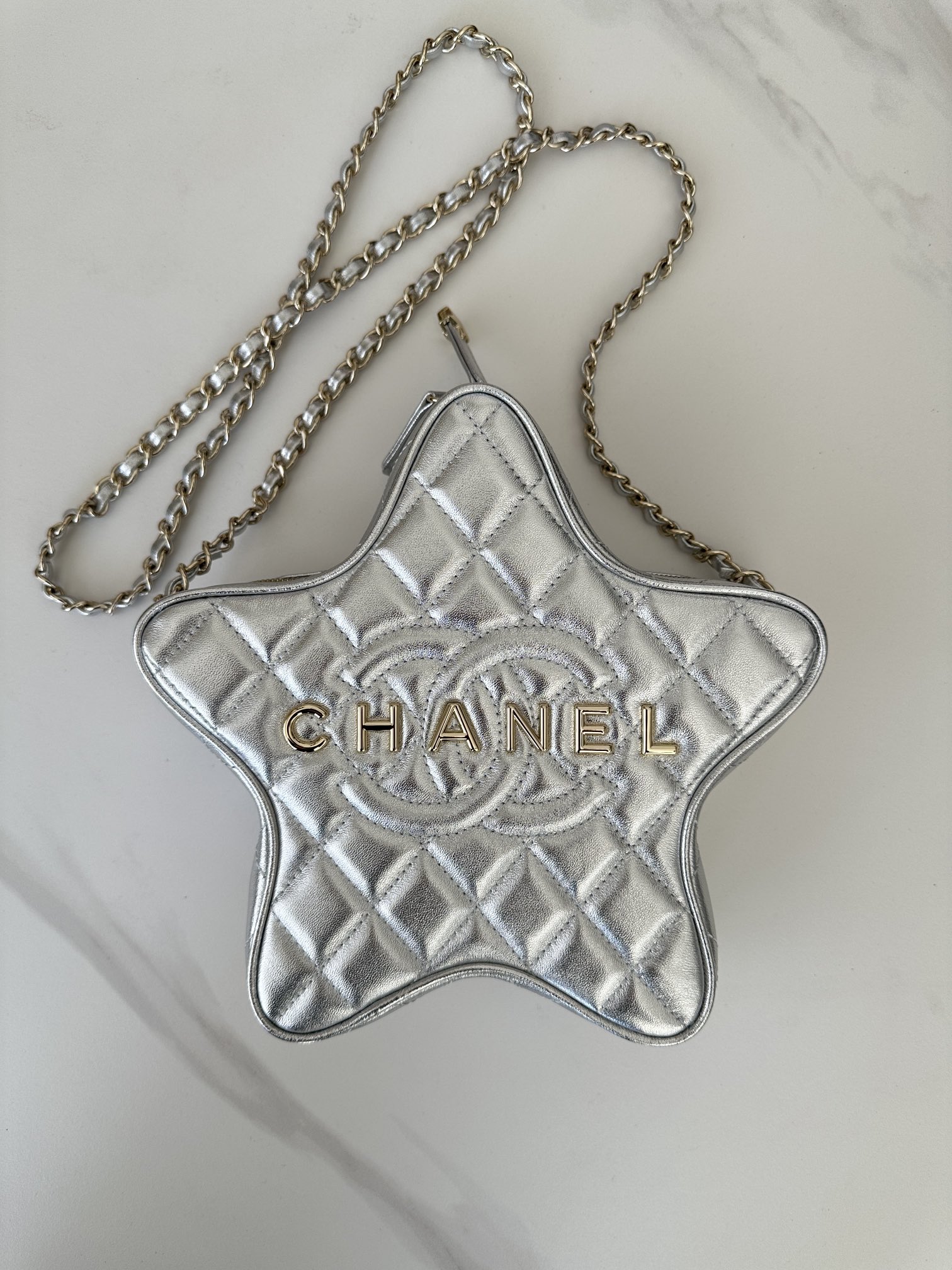 Bagsaaa Ch**el Star Handbag AS4579 Silver - 22.5 × 22.5 × 6 cm