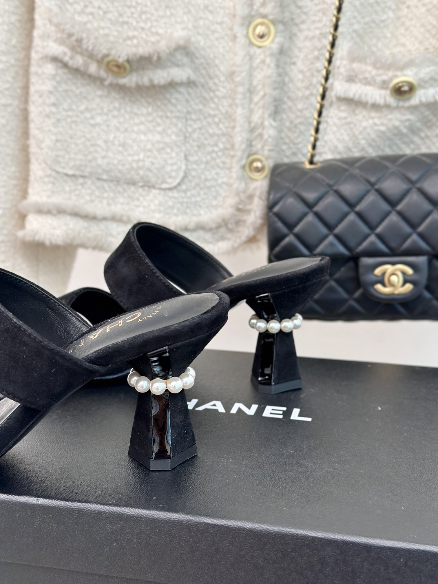 Bagsaaa Ch**el Mules Black Suede & Imitation Pearls G45685