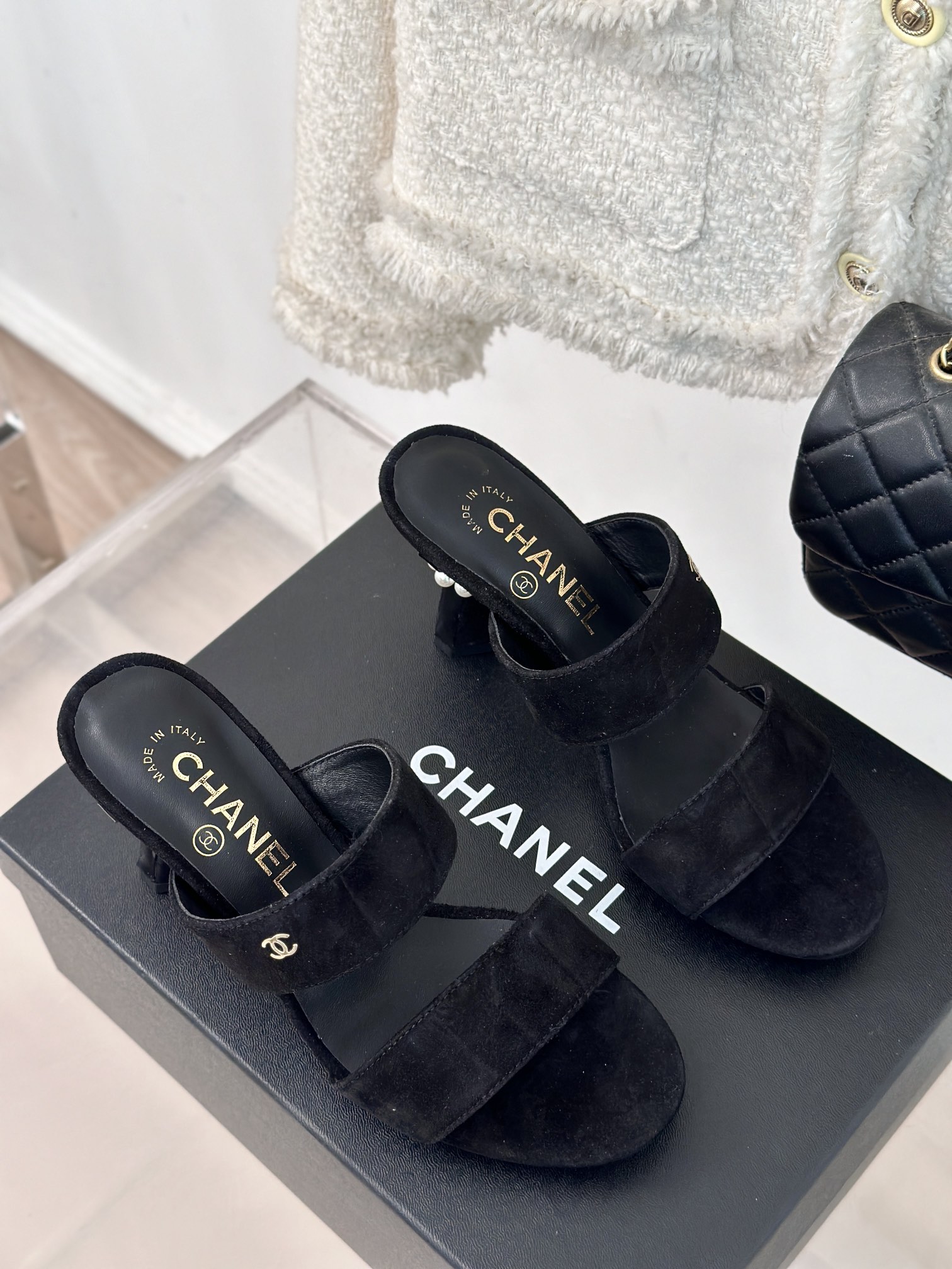 Bagsaaa Ch**el Mules Black Suede & Imitation Pearls G45685