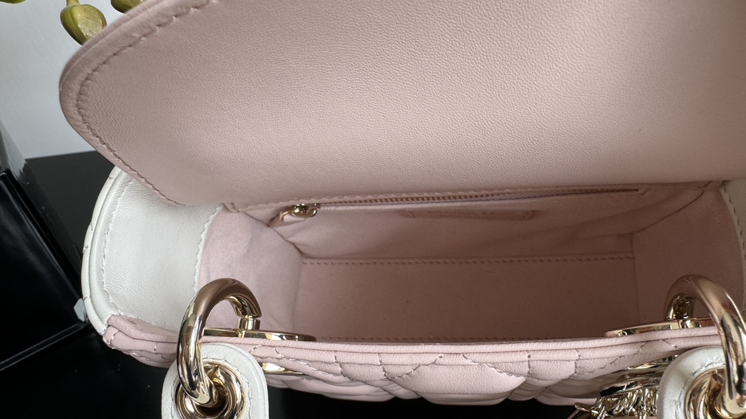 Bagsaaa Mini Lady D10r Bag Two-Tone Latte and Powder Pink Cannage Lambskin - 17 x 15 x 7 cm