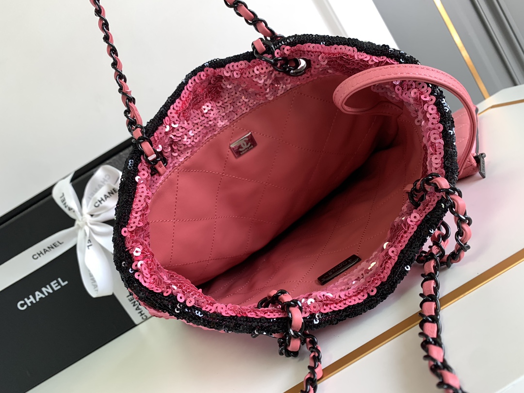 Bagsaaa Ch**el Shopping Bag AS4856 Pink Sequins & Black Metal - 39 × 30 × 2 cm