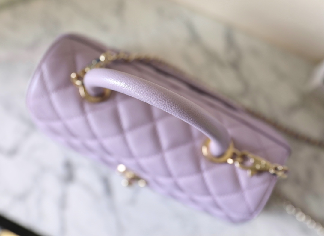 Bagsaaa Ch**el Coco Flap Bag With Top Handle Light Purple - 14 × 24 × 10 cm