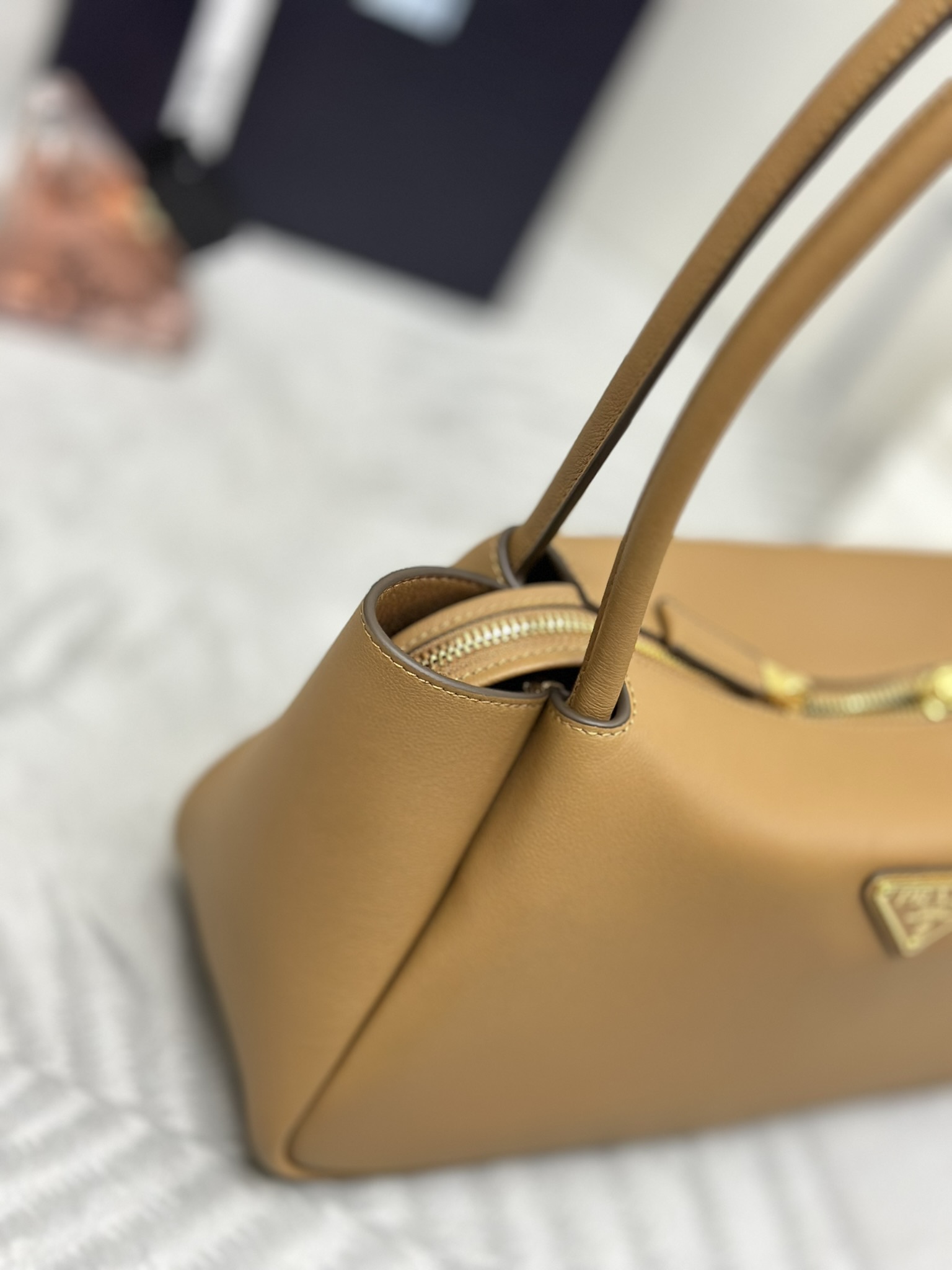 Bagsaaa Pra*a Medium Leather Handbag 1BA444 Caramel - 28x16x10.5 cm