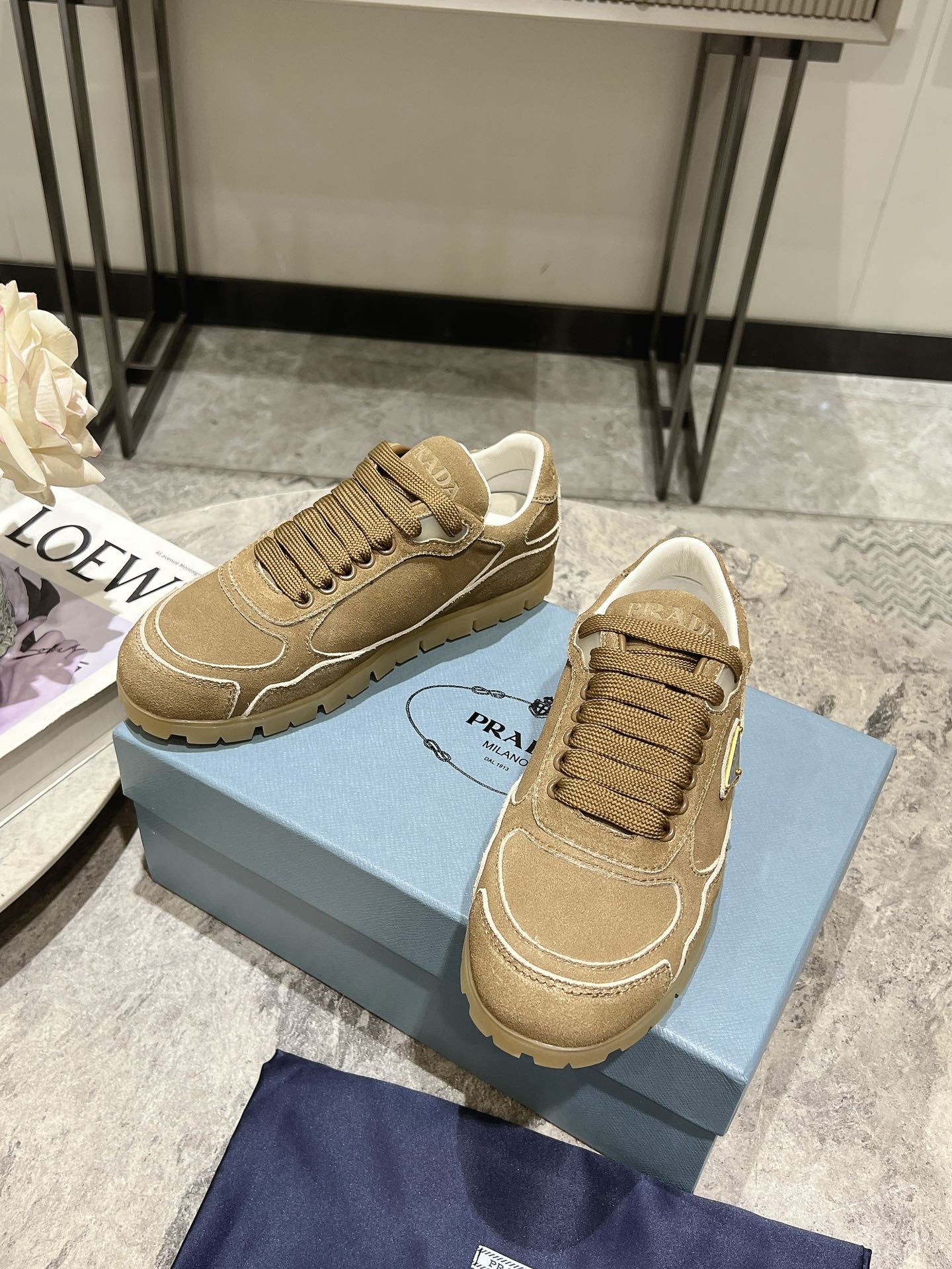 Bagsaaa Pra*a Faded Suede Sneakers Dark Beige