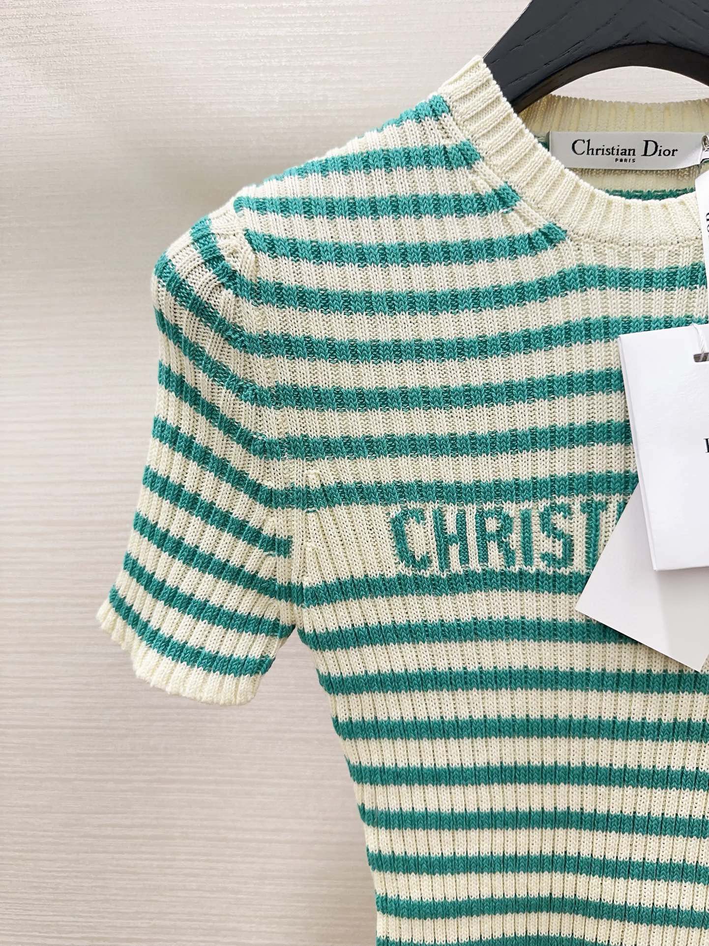 Bagsaaa D10riviera Short-Sleeved Sweater White and Aquamarina Cotton Ribbed Knit with D10r Marinière Motif
