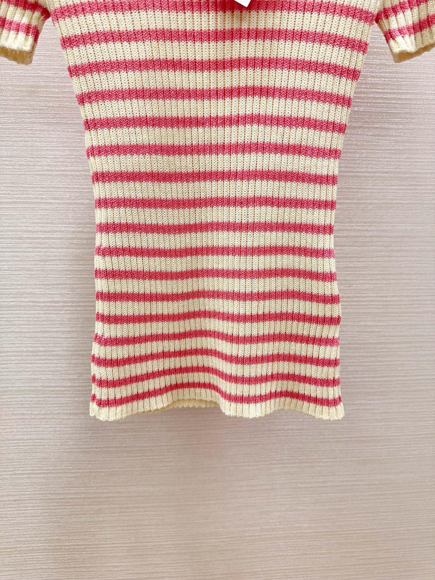 Bagsaaa D10riviera Short-Sleeved Sweater White and Pink Cotton Ribbed Knit with D10r Marinière Motif