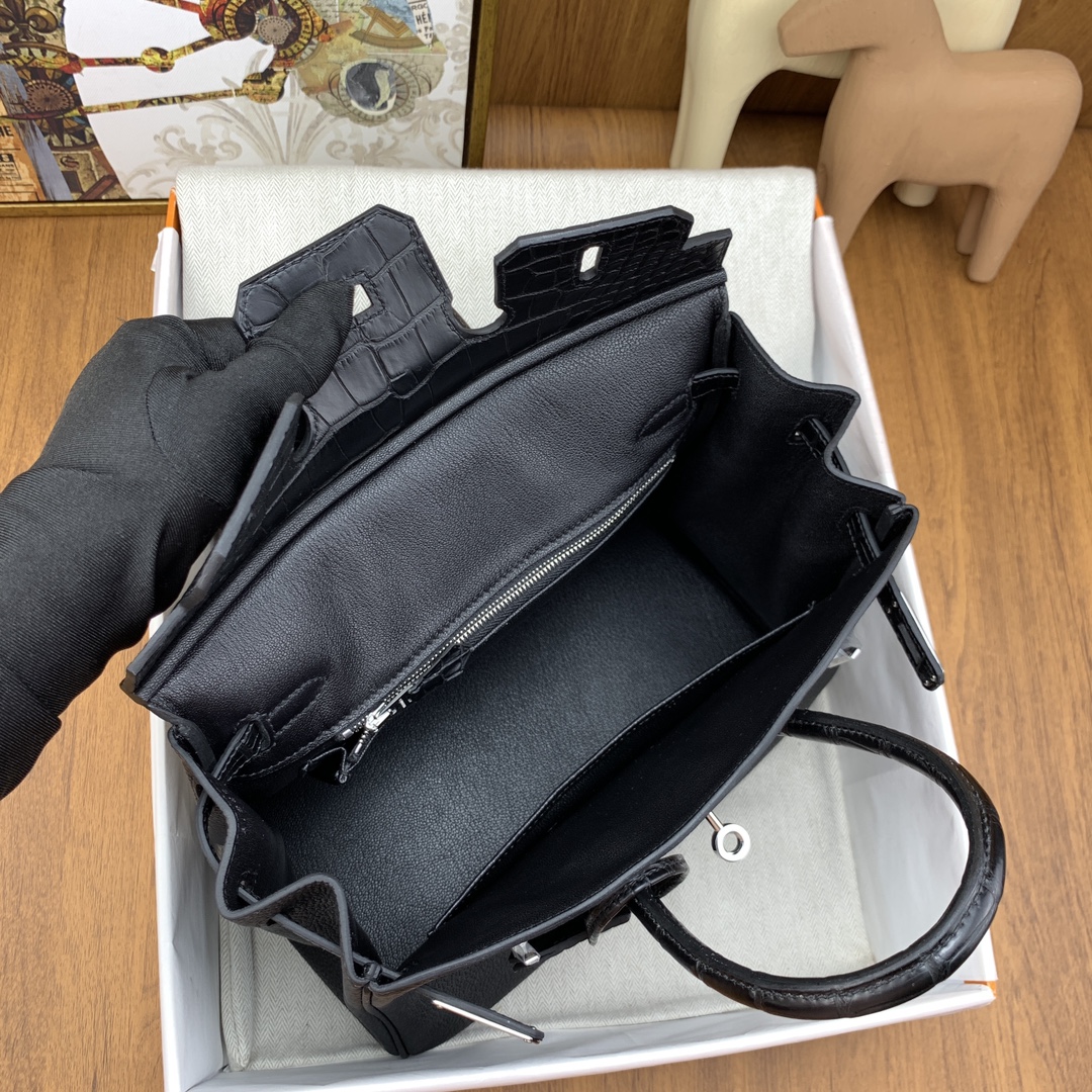 Bagsaaa H**me5 Birkin Touch Black Crocodile & Silver - 25cm