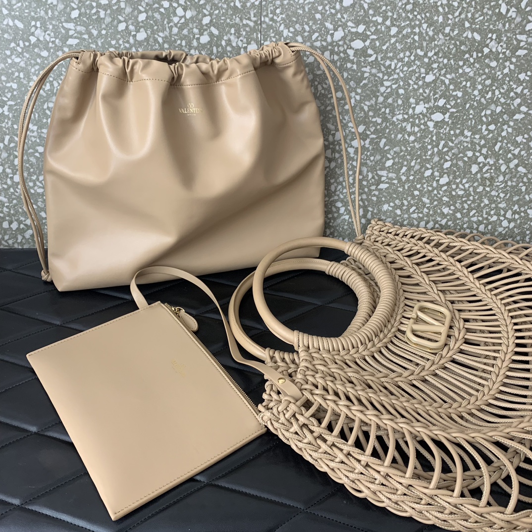 Bagsaaa Va1e*ntin0 Allknots Woven Leather Shopper Beige - 38x34x7 cm