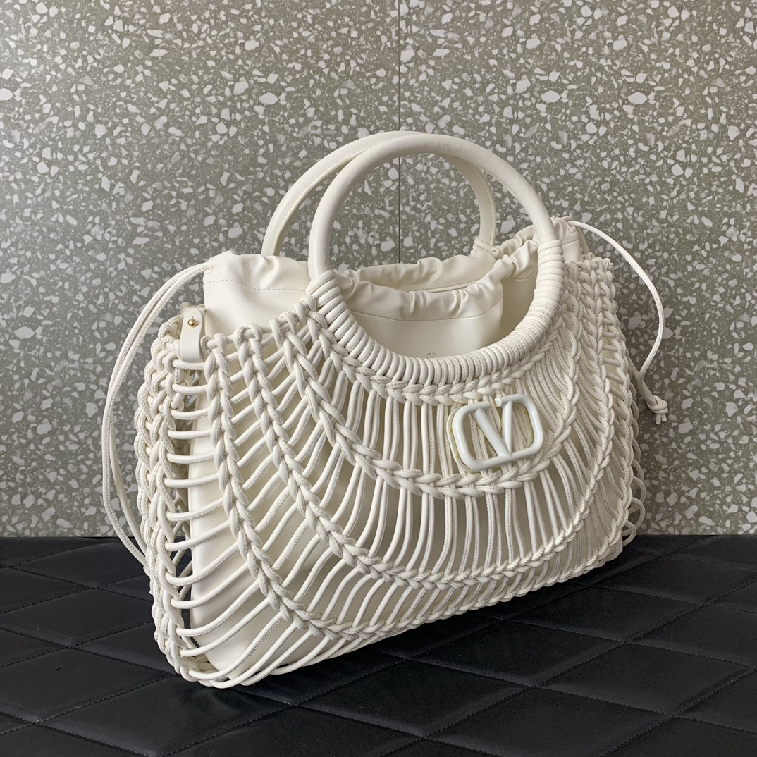 Bagsaaa Va1e*ntin0 Allknots Woven Leather Shopper White - 38x34x7 cm