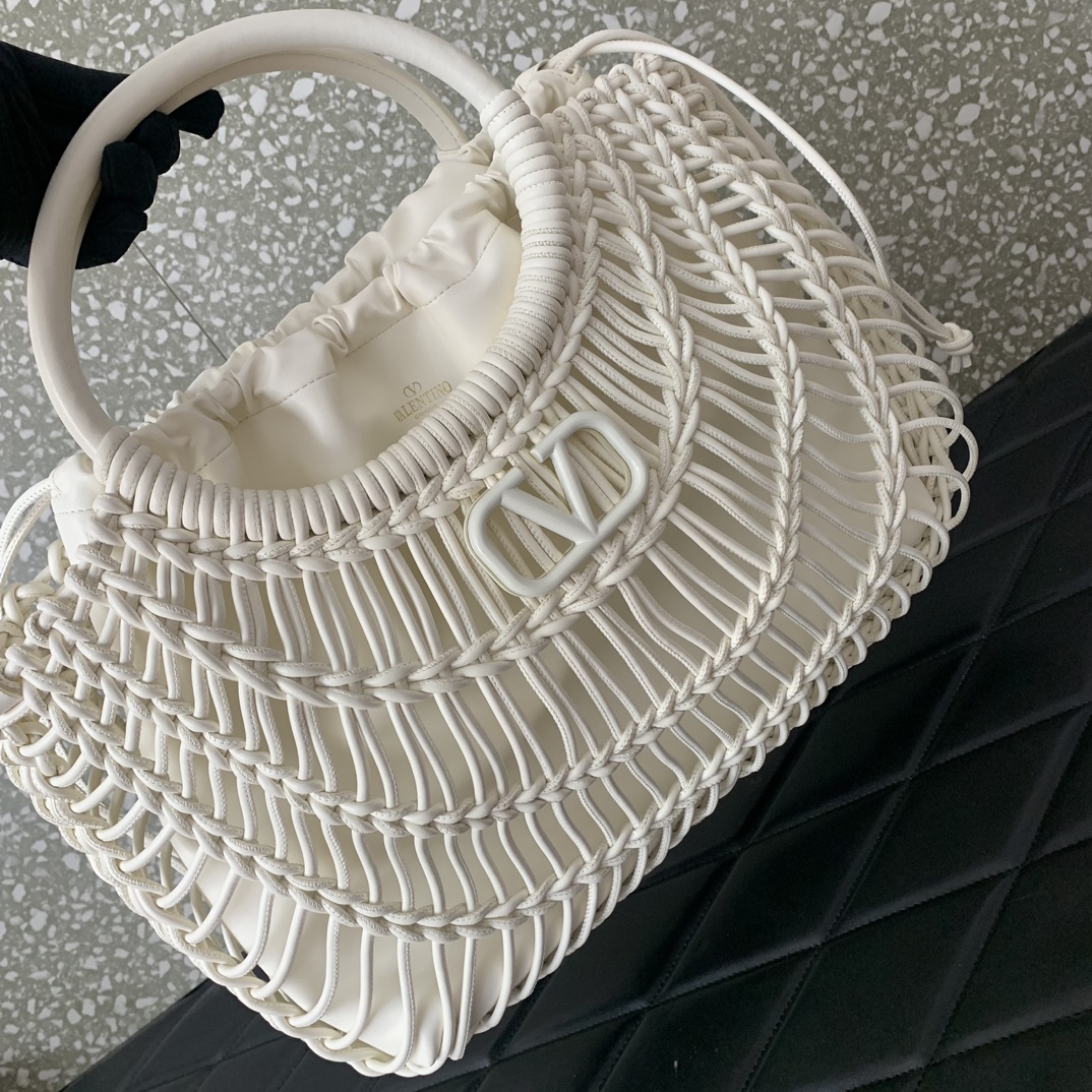 Bagsaaa Va1e*ntin0 Allknots Woven Leather Shopper White - 38x34x7 cm