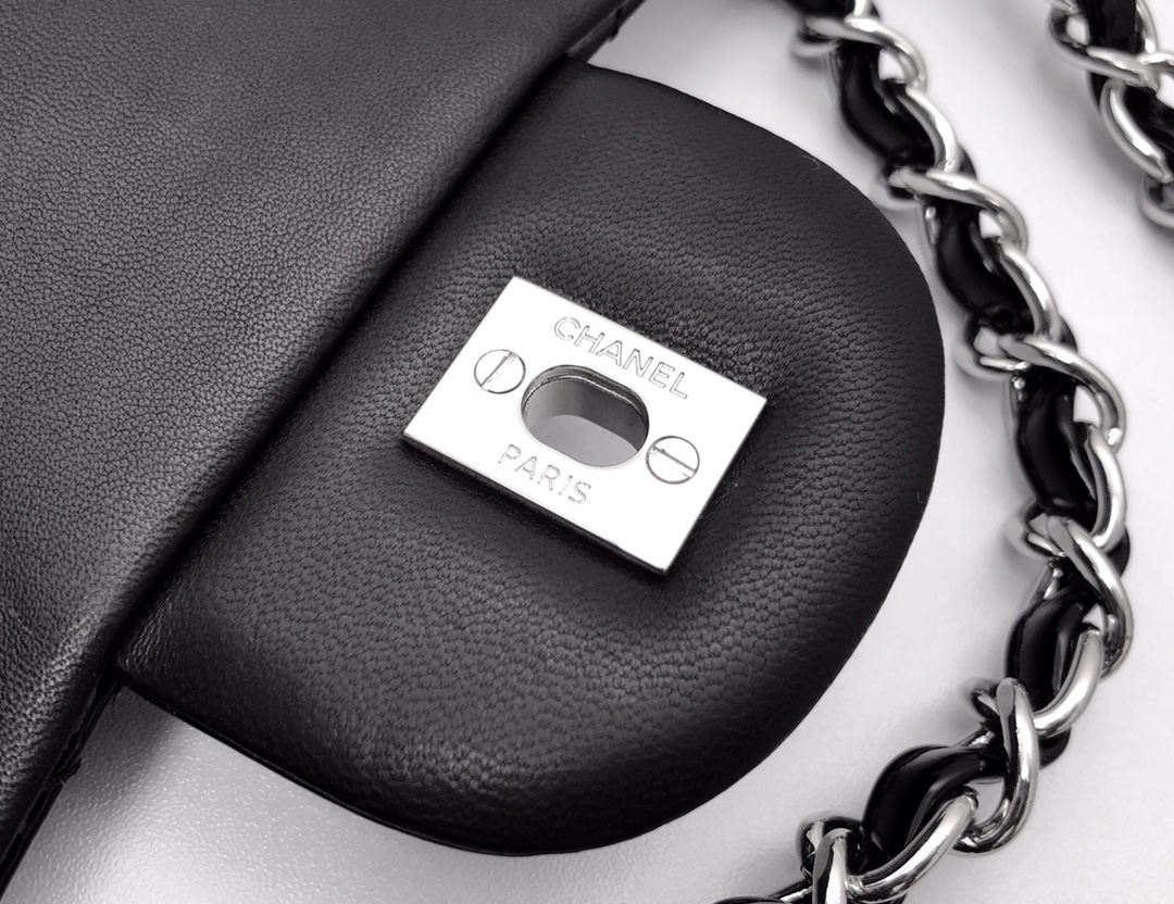 Bagsaaa Ch**el Flap Bag Black Patent & Silver Hardware - 30cm