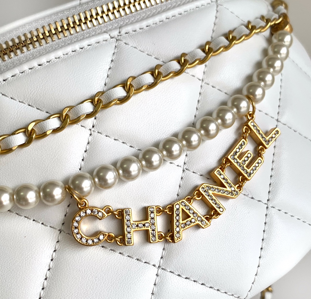 Bagsaaa Ch**el Waist Bag AS4991 White & Imitation Pearls - 17 × 24 × 11 cm