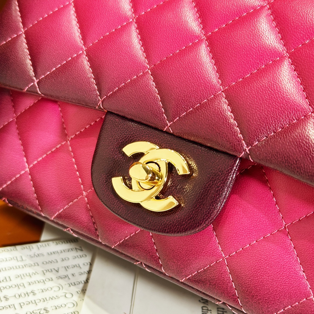 Bagsaaa Ch**el Flap Bag Classic 11.12 Gradient Lambskin Fuchsia A01112 - 15.5 × 25.5 × 6.5 cm