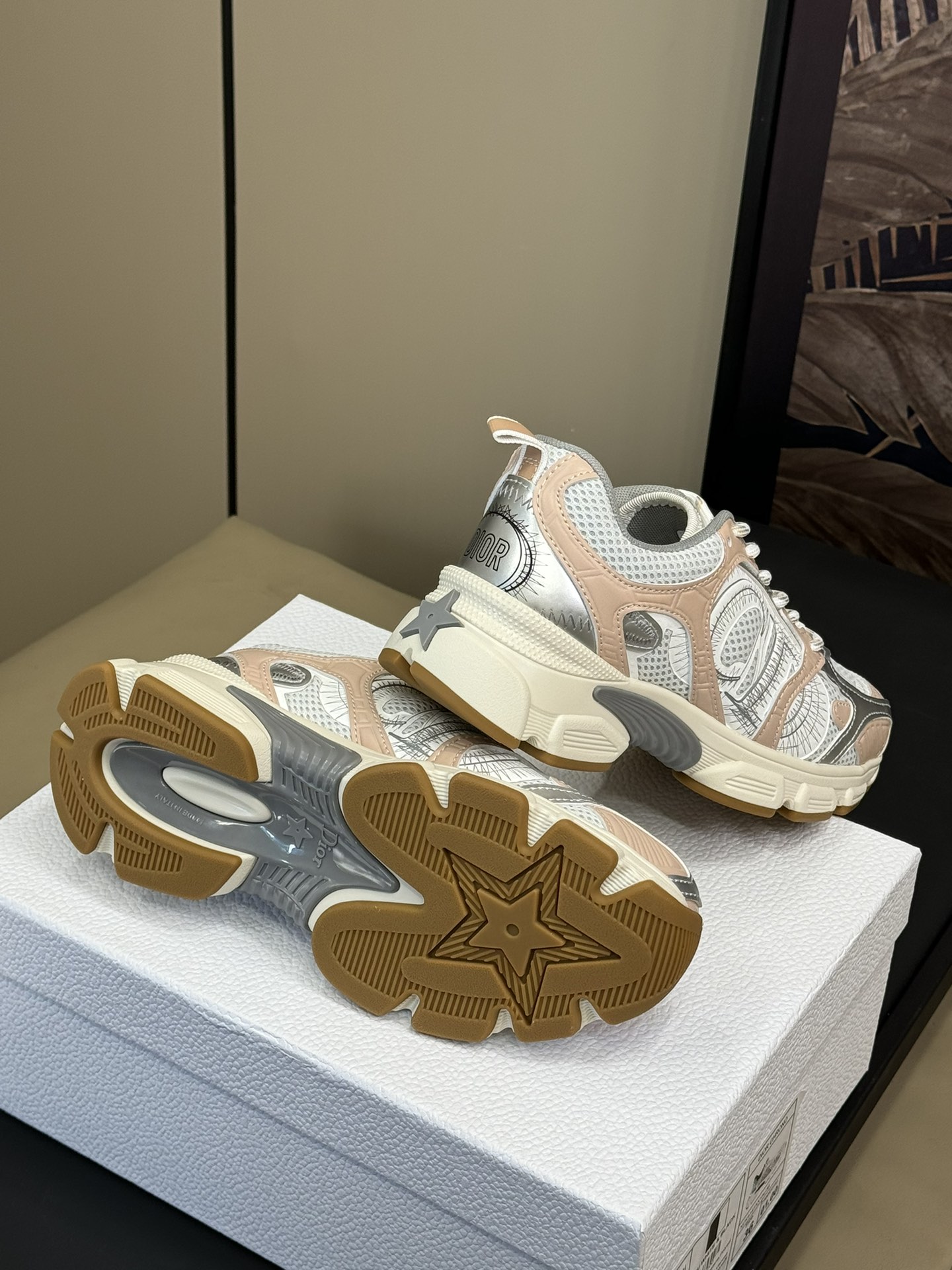 Bagsaaa D10r Chrono Sneaker White Mesh with Nude and Silver-Tone Laminated Leather-Effect Panels