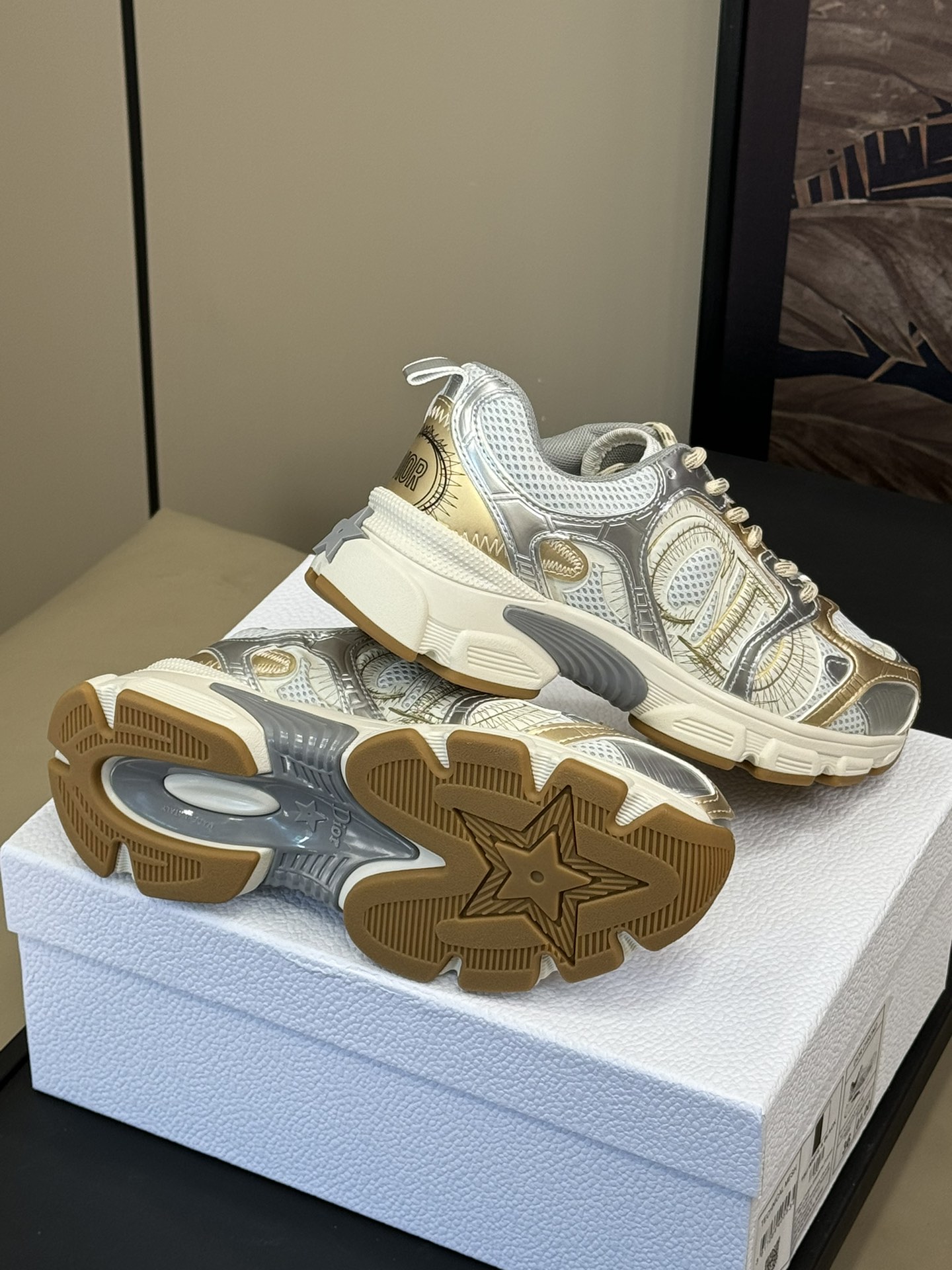 Bagsaaa D10r Chrono Sneaker Beige Mesh with Gold-Tone and Silver-Tone Laminated Leather-Effect Panels