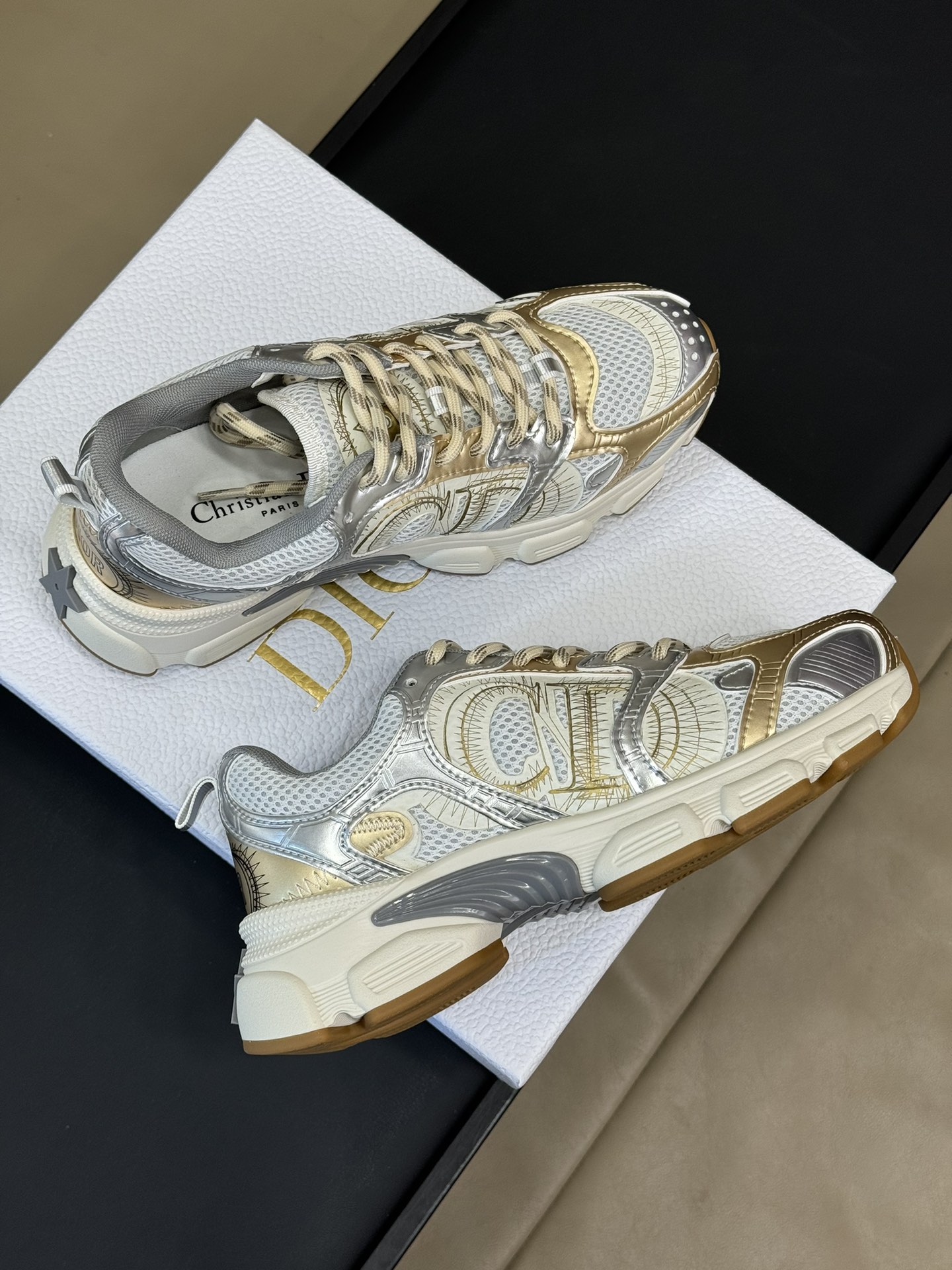 Bagsaaa D10r Chrono Sneaker Beige Mesh with Gold-Tone and Silver-Tone Laminated Leather-Effect Panels