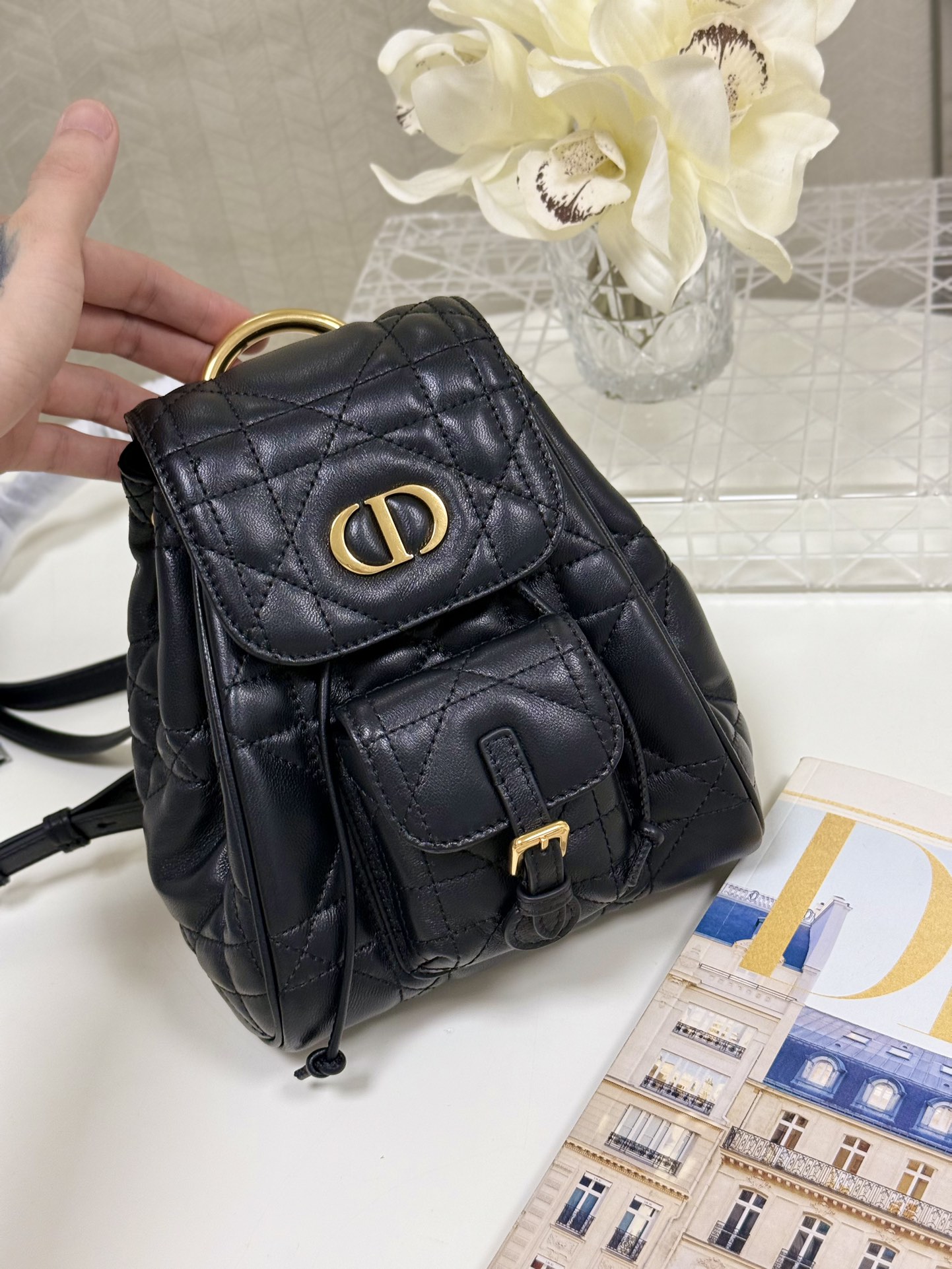 Bagsaaa Small D10r Caro Backpack Black Macrocannage Lambskin - 19.5 x 18.5 x 8.5 cm