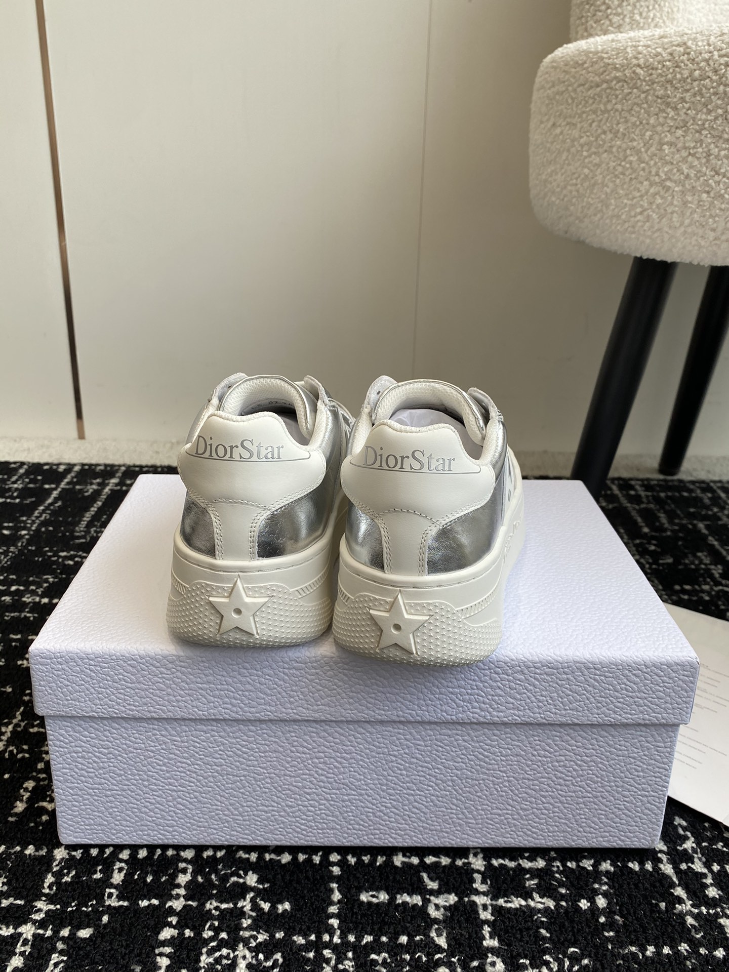 Bagsaaa D10r Star Platform Sneaker Silver-Tone Crinkled-Effect Lambskin and White Calfskin