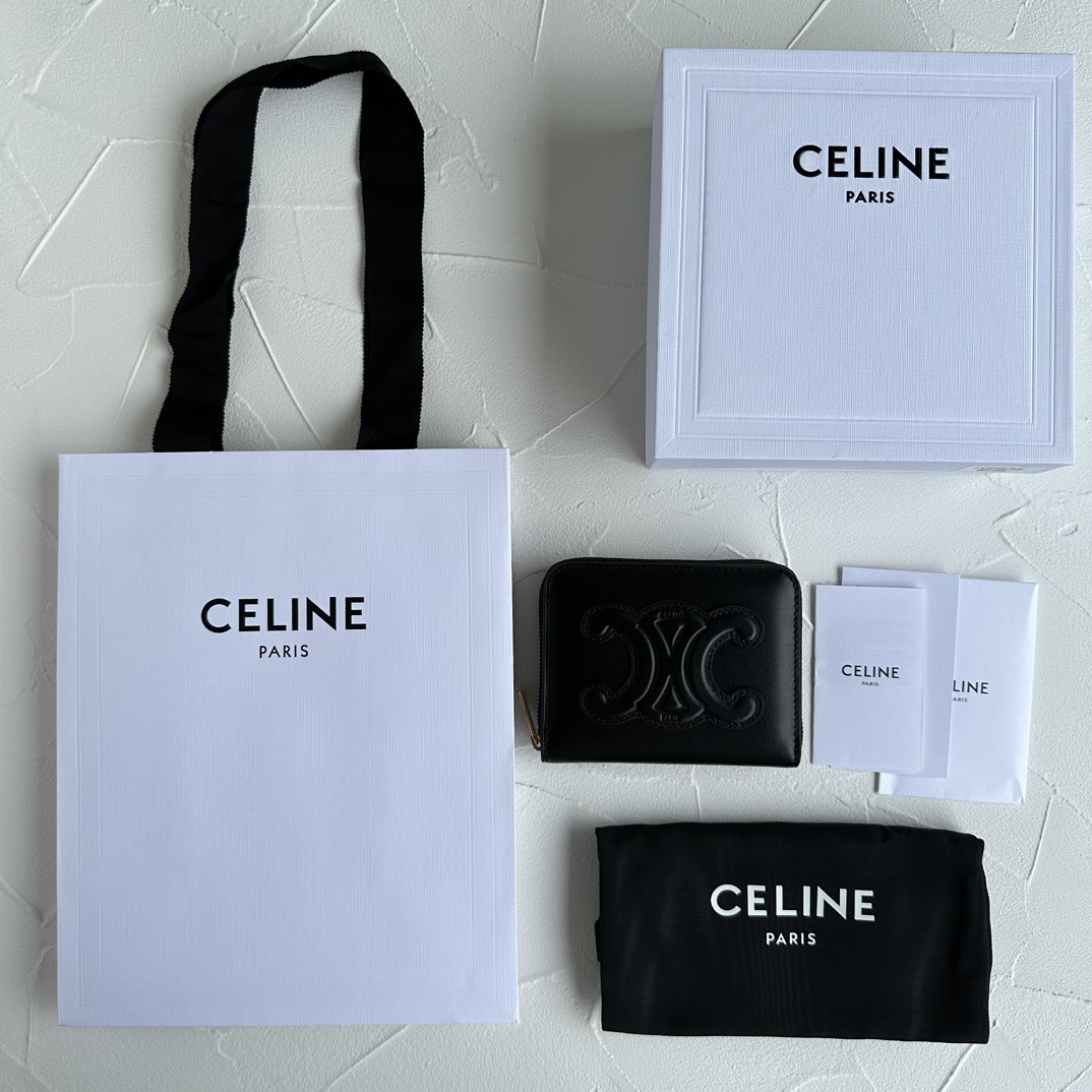 Bagsaaa Ce1i*e Compact Zipped Wallet Cuir Triomphe In Smooth Calfskin Black - 11 x 8.5 x 2 CM