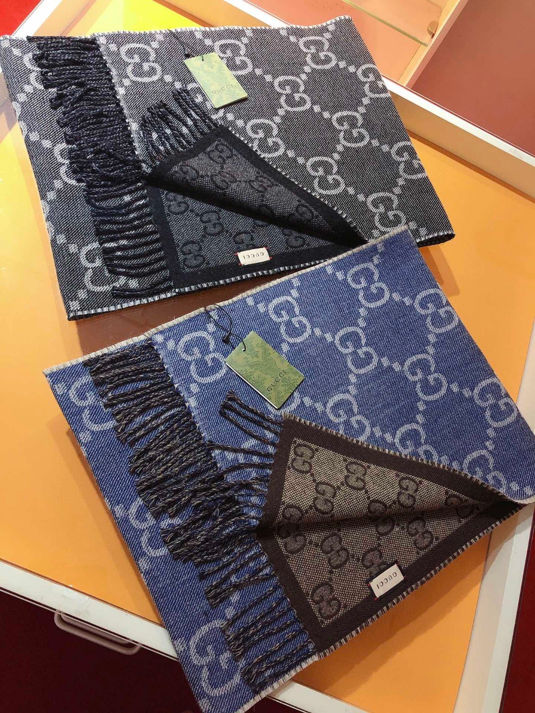 Bagsaaa Gvc*1 GG jacquard pattern knit scarf with tassels blue - 34x194 cm