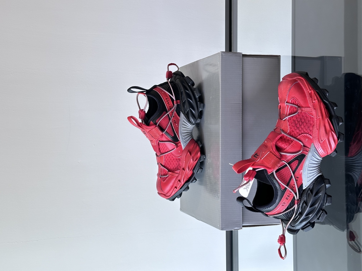 Bagsaaa Ba1en*iaga Hike Sneaker in red and black mesh 